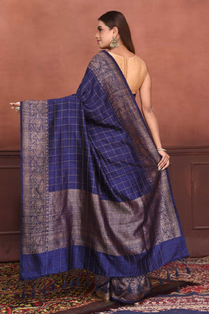 Shop beautiful navy blue tussar Banarasi saree online in USA with antique zari border. Look your best on festive occasions in latest designer sarees, pure silk sarees, Kanchipuram silk sarees, handwoven sarees, tussar silk sarees, embroidered sarees from Pure Elegance Indian clothing store in USA.-back