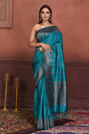 Buy beautiful teal tussar Banarasi saree online in USA with antique zari border. Look your best on festive occasions in latest designer sarees, pure silk sarees, Kanchipuram silk sarees, handwoven sarees, tussar silk sarees, embroidered sarees from Pure Elegance Indian clothing store in USA.-full view