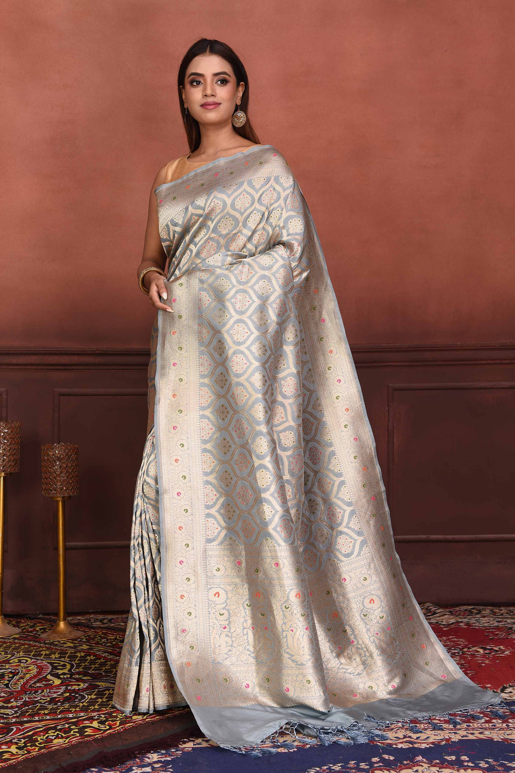 Buy light grey Katan silk Banarasi sari online in USA with zari minakari work. Look your best on festive occasions in latest designer sarees, pure silk sarees, Kanchipuram silk sarees, handwoven sarees, tussar silk sarees, embroidered sarees from Pure Elegance Indian clothing store in USA.-full view