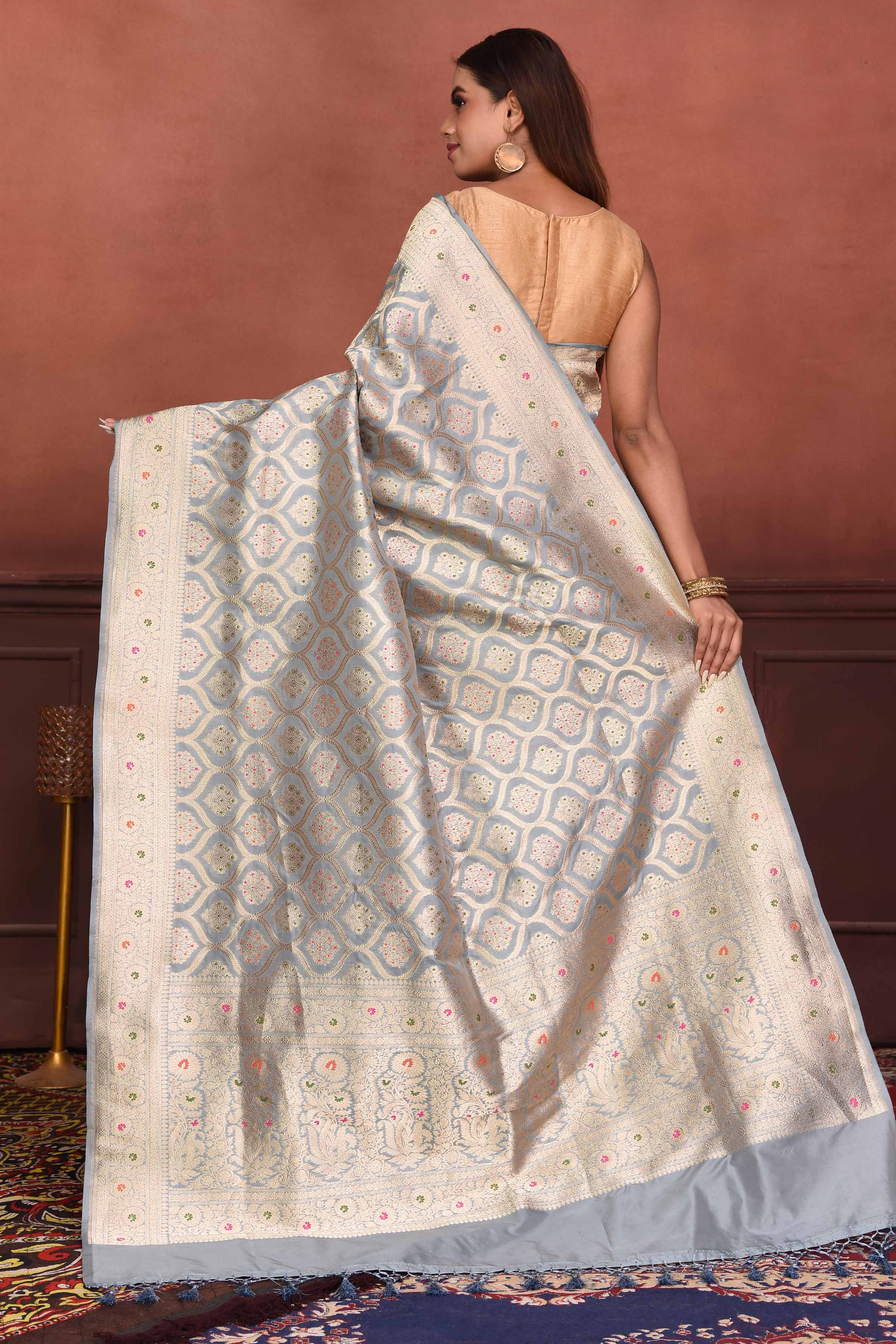 Buy light grey Katan silk Banarasi sari online in USA with zari minakari work. Look your best on festive occasions in latest designer sarees, pure silk sarees, Kanchipuram silk sarees, handwoven sarees, tussar silk sarees, embroidered sarees from Pure Elegance Indian clothing store in USA.-back