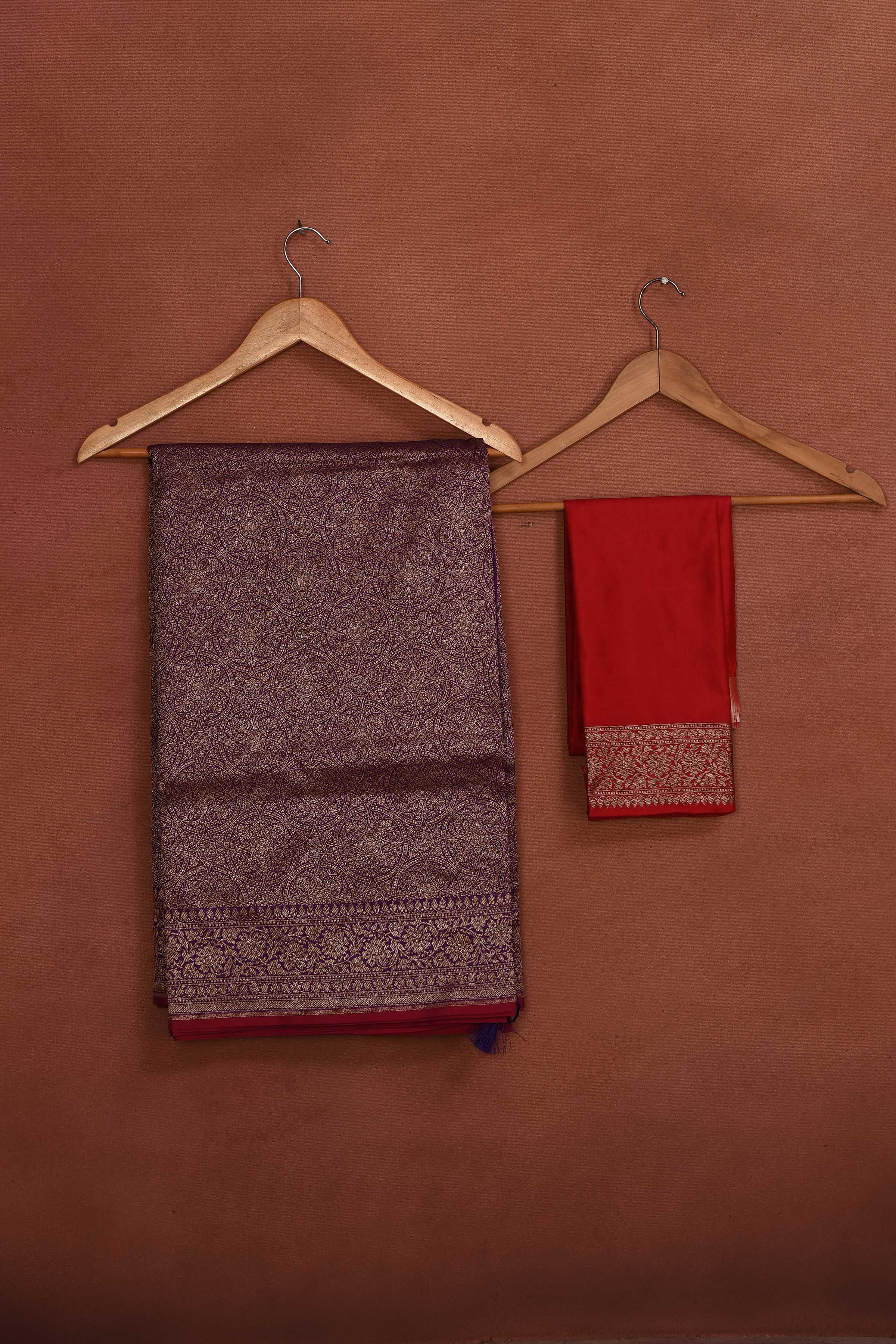 Shop purple Katan silk Banarasi saree online in USA with zari work. Look your best on festive occasions in latest designer sarees, pure silk sarees, Kanchipuram silk sarees, handwoven sarees, tussar silk sarees, embroidered sarees from Pure Elegance Indian clothing store in USA.-blouse