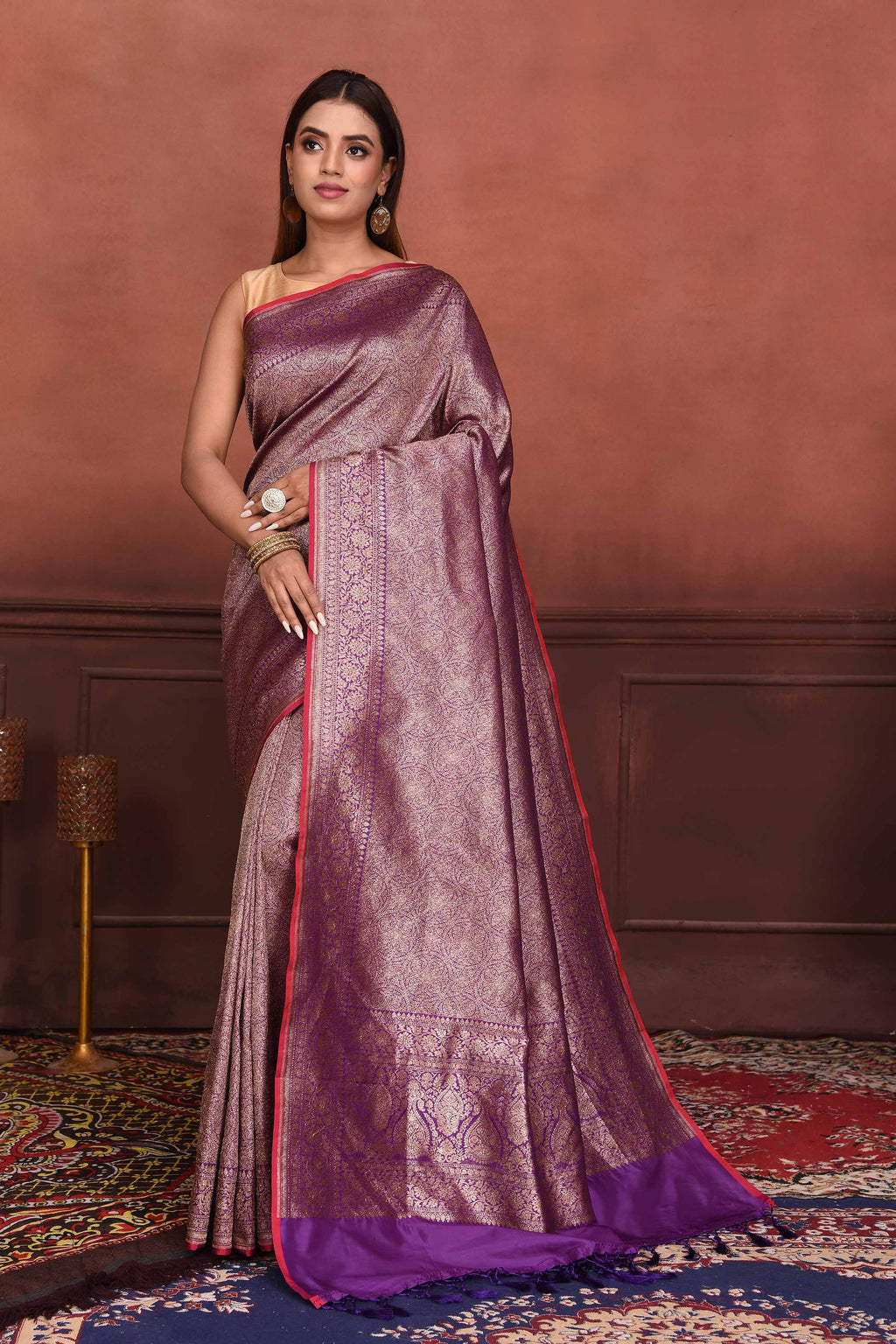 Shop purple Katan silk Banarasi saree online in USA with zari work. Look your best on festive occasions in latest designer sarees, pure silk sarees, Kanchipuram silk sarees, handwoven sarees, tussar silk sarees, embroidered sarees from Pure Elegance Indian clothing store in USA.-full view