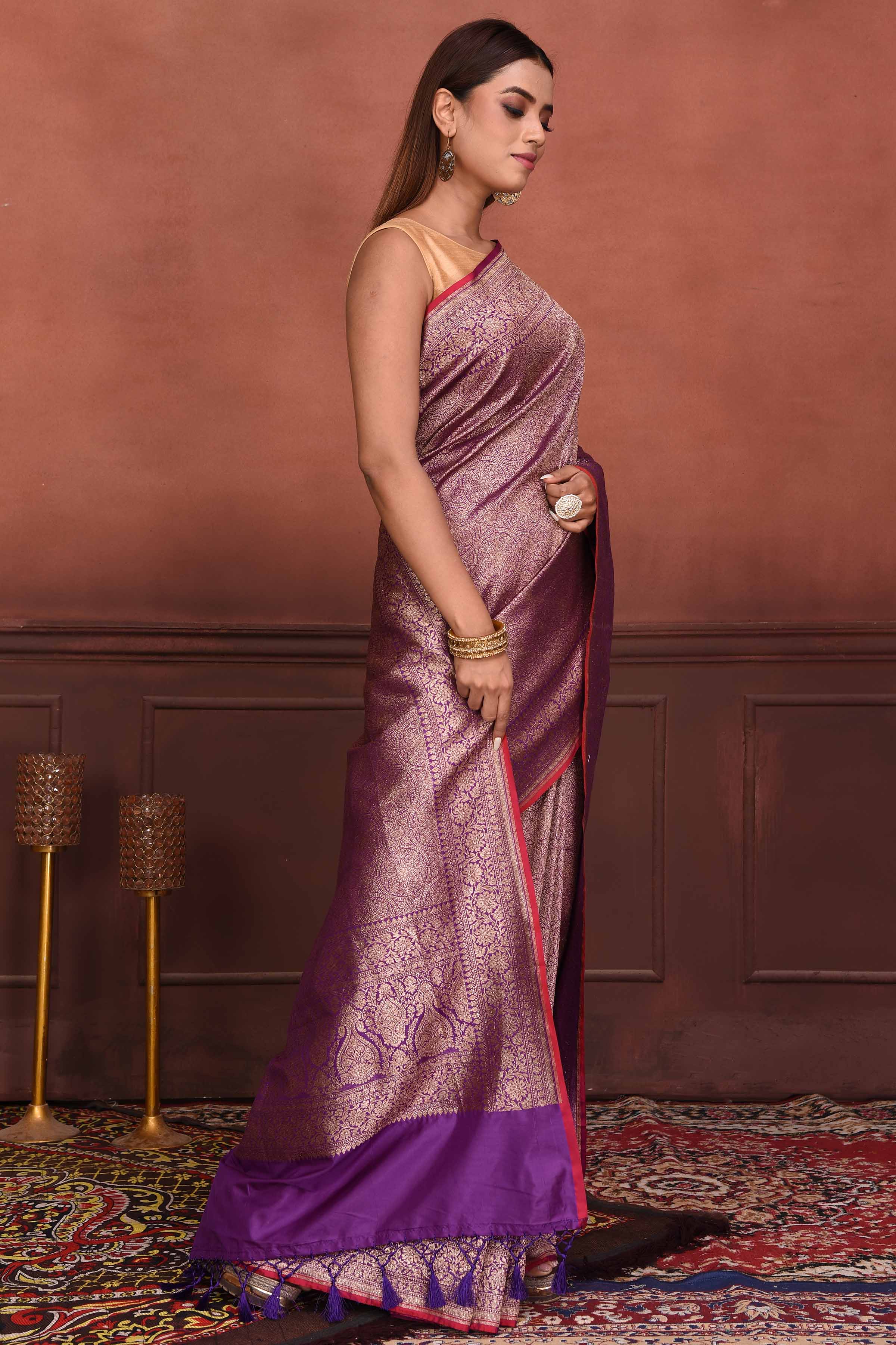 Shop purple Katan silk Banarasi saree online in USA with zari work. Look your best on festive occasions in latest designer sarees, pure silk sarees, Kanchipuram silk sarees, handwoven sarees, tussar silk sarees, embroidered sarees from Pure Elegance Indian clothing store in USA.-side