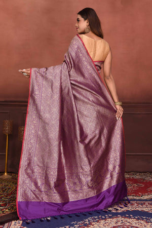 Shop purple Katan silk Banarasi saree online in USA with zari work. Look your best on festive occasions in latest designer sarees, pure silk sarees, Kanchipuram silk sarees, handwoven sarees, tussar silk sarees, embroidered sarees from Pure Elegance Indian clothing store in USA.-back