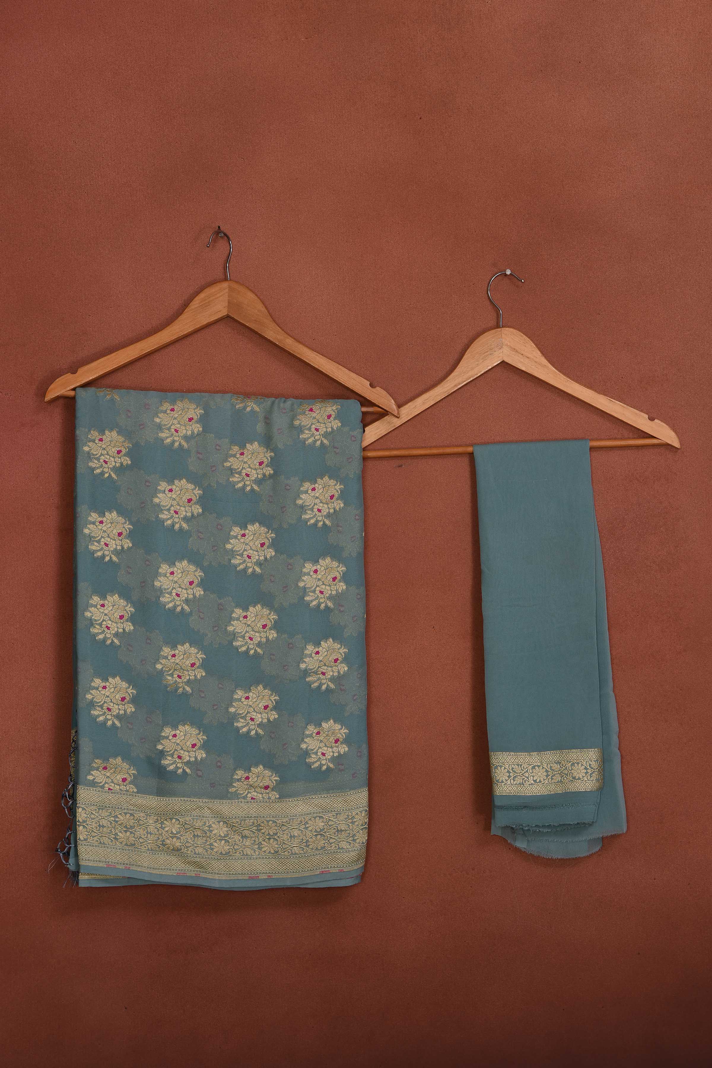 Shop light blue Katan silk Banarasi sari online in USA with zari minakari buta. Look your best on festive occasions in latest designer sarees, pure silk sarees, Kanchipuram silk sarees, handwoven sarees, tussar silk sarees, embroidered sarees from Pure Elegance Indian clothing store in USA.-blouse