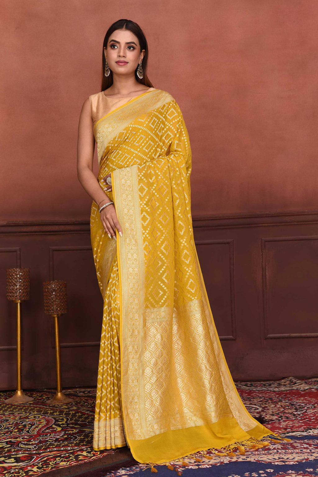 Shop mango yellow Katan silk Banarasi saree online in USA with zari work. Look your best on festive occasions in latest designer sarees, pure silk sarees, Kanchipuram silk sarees, handwoven sarees, tussar silk sarees, embroidered sarees from Pure Elegance Indian clothing store in USA.-full view