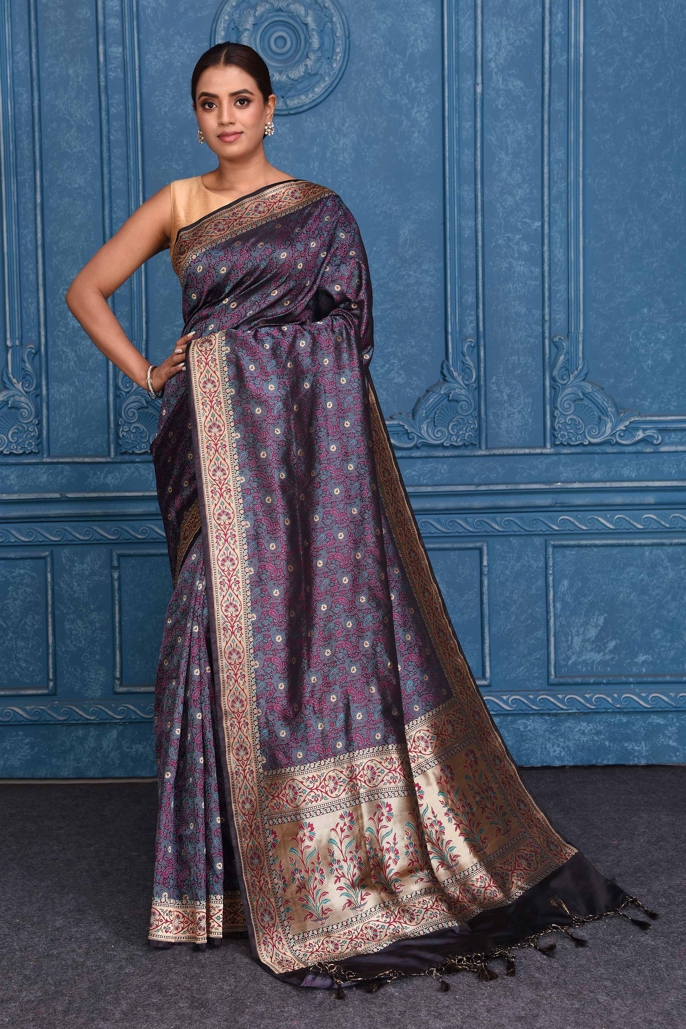 Buy grey and magenta Tanchoi silk Banarasi saree online in USA with zari border. Look your best on festive occasions in latest designer sarees, pure silk saris, Kanchipuram silk sarees, handwoven sarees, tussar silk sarees, embroidered saris from Pure Elegance Indian clothing store in USA.-full view