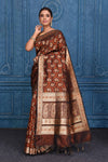 Buy brown Tanchoi silk Banarasi saree online in USA with paisley buta. Look your best on festive occasions in latest designer sarees, pure silk saris, Kanchipuram silk sarees, handwoven sarees, tussar silk sarees, embroidered saris from Pure Elegance Indian clothing store in USA.-full view