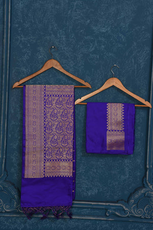 Shop blue Tanchoi silk Banarasi sari online in USA with zari border. Look your best on festive occasions in latest designer sarees, pure silk saris, Kanchipuram silk sarees, handwoven sarees, tussar silk sarees, embroidered saris from Pure Elegance Indian clothing store in USA.-blouse