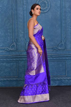 Shop blue Tanchoi silk Banarasi sari online in USA with zari border. Look your best on festive occasions in latest designer sarees, pure silk saris, Kanchipuram silk sarees, handwoven sarees, tussar silk sarees, embroidered saris from Pure Elegance Indian clothing store in USA.-side