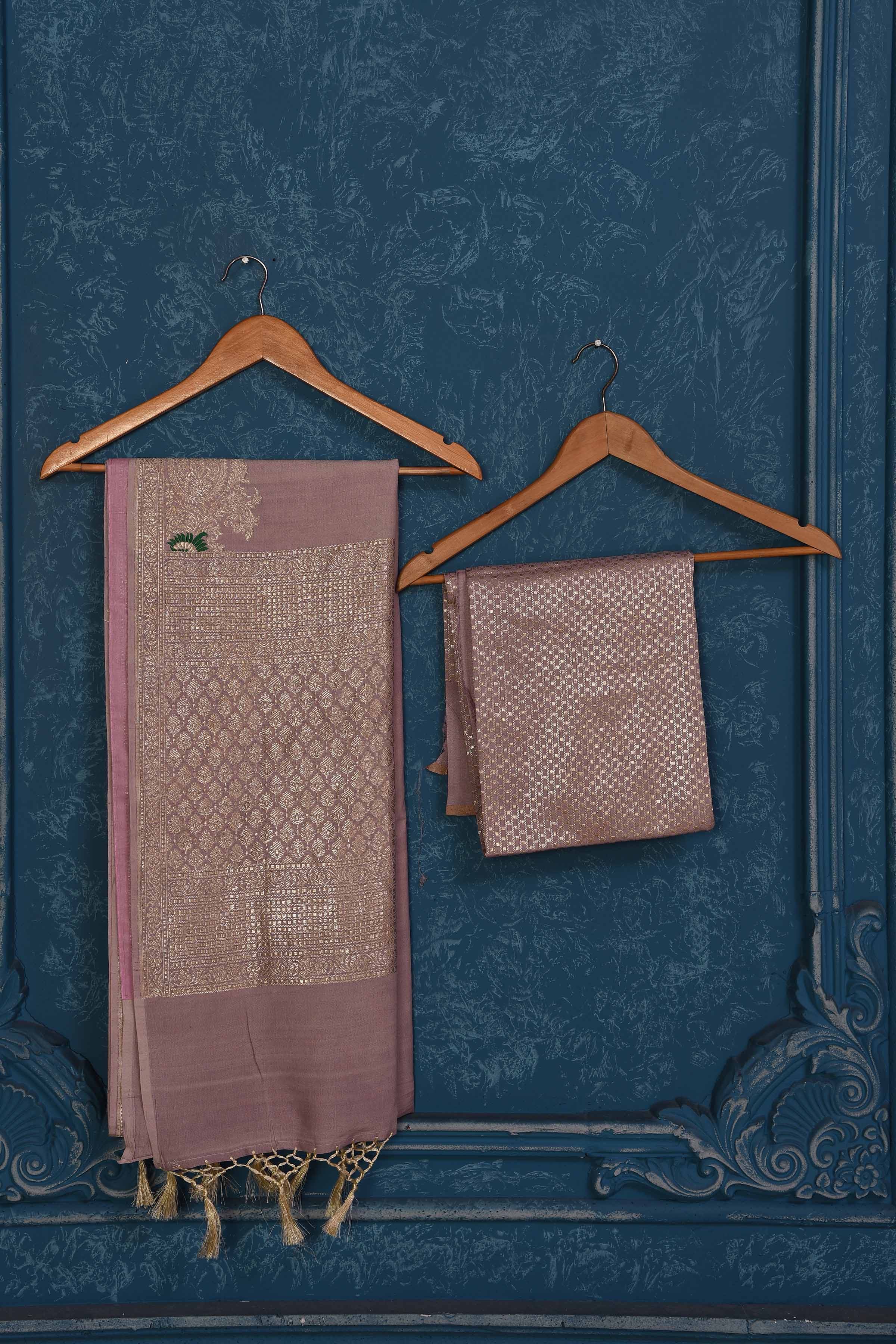 Shop lilac tussar Banarasi saree online in USA with zari border and pallu. Look your best on festive occasions in latest designer sarees, pure silk saris, Kanchipuram silk sarees, handwoven sarees, tussar silk sarees, embroidered saris from Pure Elegance Indian clothing store in USA.-blouse