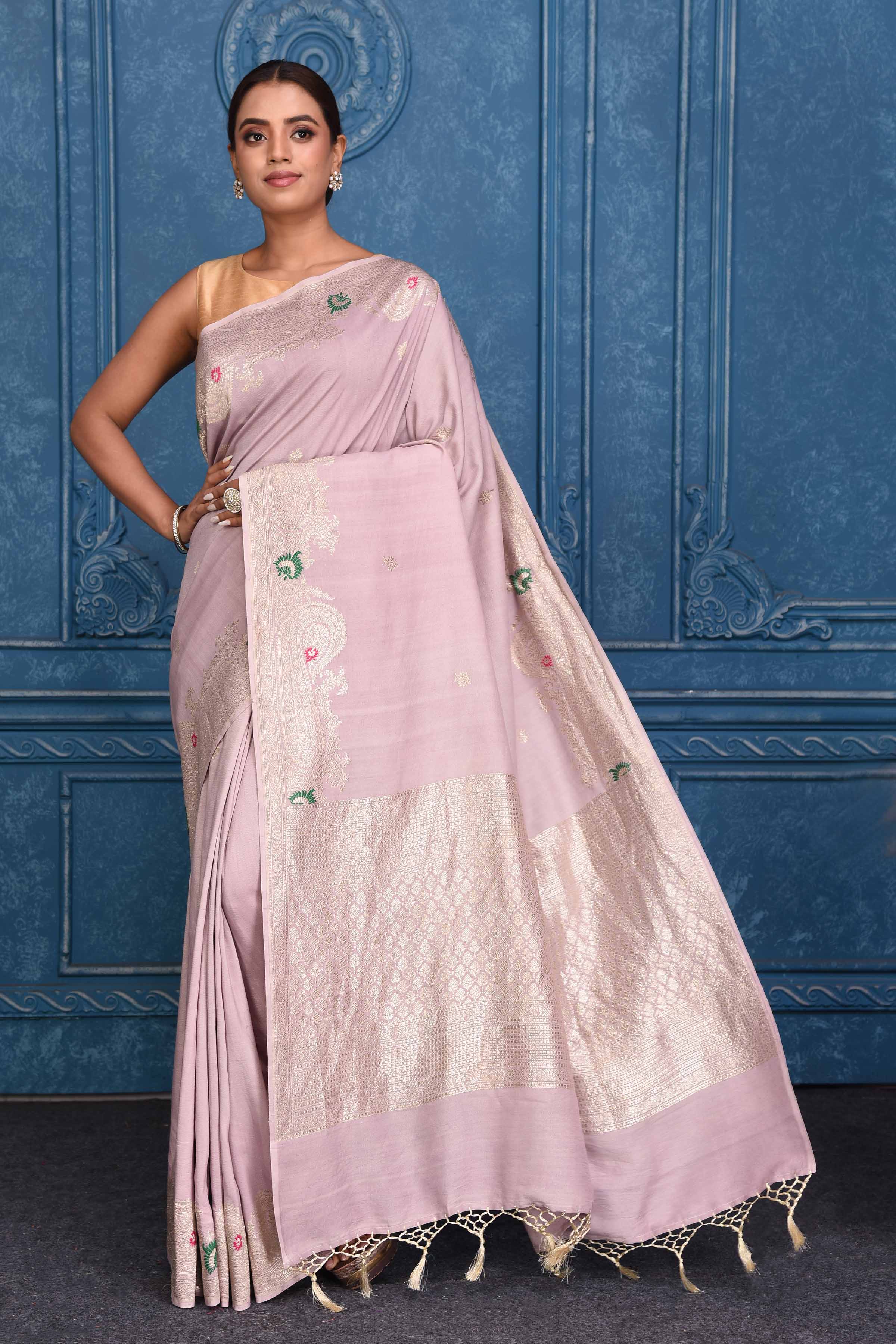 Shop lilac tussar Banarasi saree online in USA with zari border and pallu. Look your best on festive occasions in latest designer sarees, pure silk saris, Kanchipuram silk sarees, handwoven sarees, tussar silk sarees, embroidered saris from Pure Elegance Indian clothing store in USA.-full view