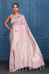 Shop lilac tussar Banarasi saree online in USA with zari border and pallu. Look your best on festive occasions in latest designer sarees, pure silk saris, Kanchipuram silk sarees, handwoven sarees, tussar silk sarees, embroidered saris from Pure Elegance Indian clothing store in USA.-full view