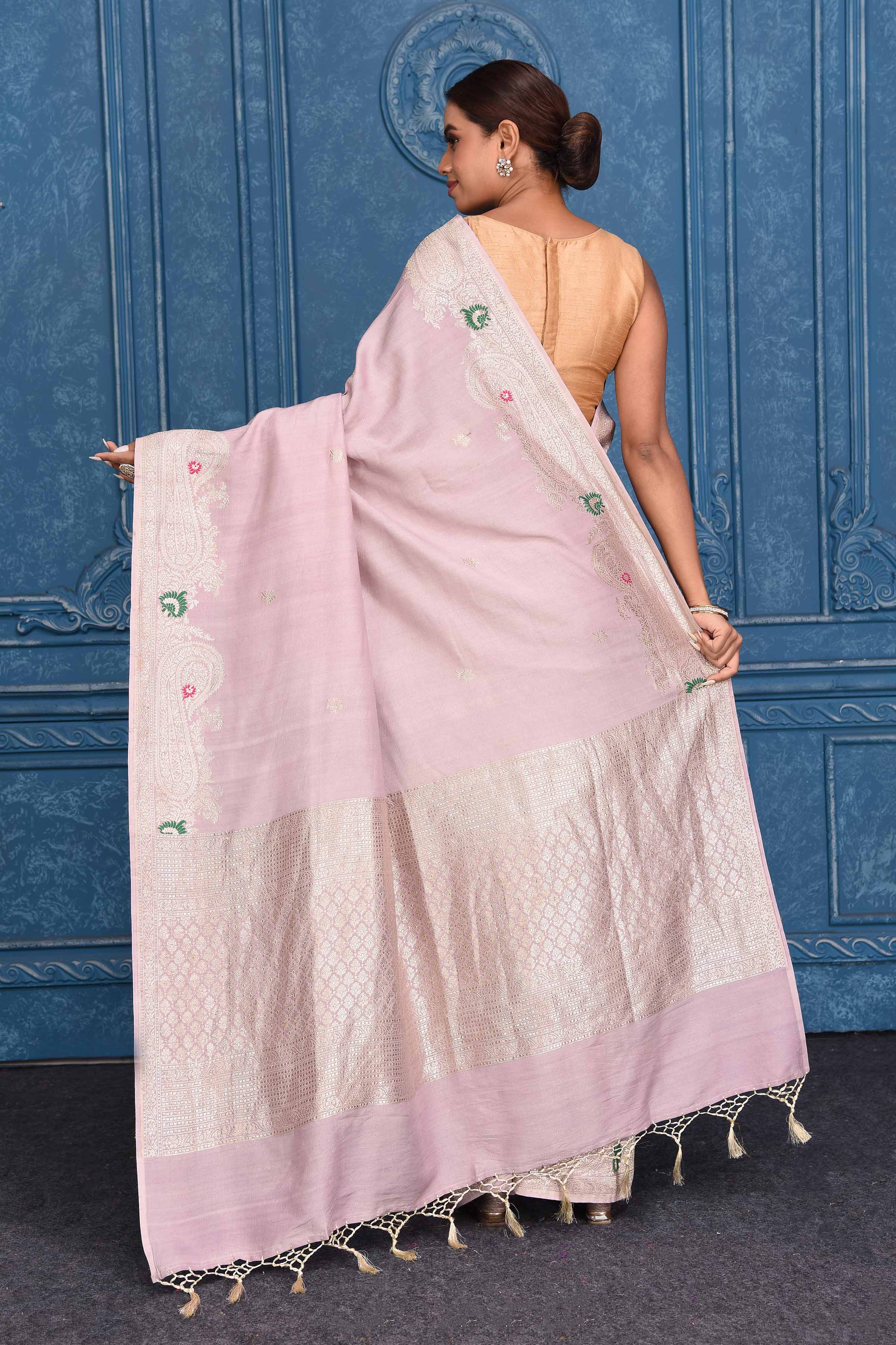 Shop lilac tussar Banarasi saree online in USA with zari border and pallu. Look your best on festive occasions in latest designer sarees, pure silk saris, Kanchipuram silk sarees, handwoven sarees, tussar silk sarees, embroidered saris from Pure Elegance Indian clothing store in USA.-back