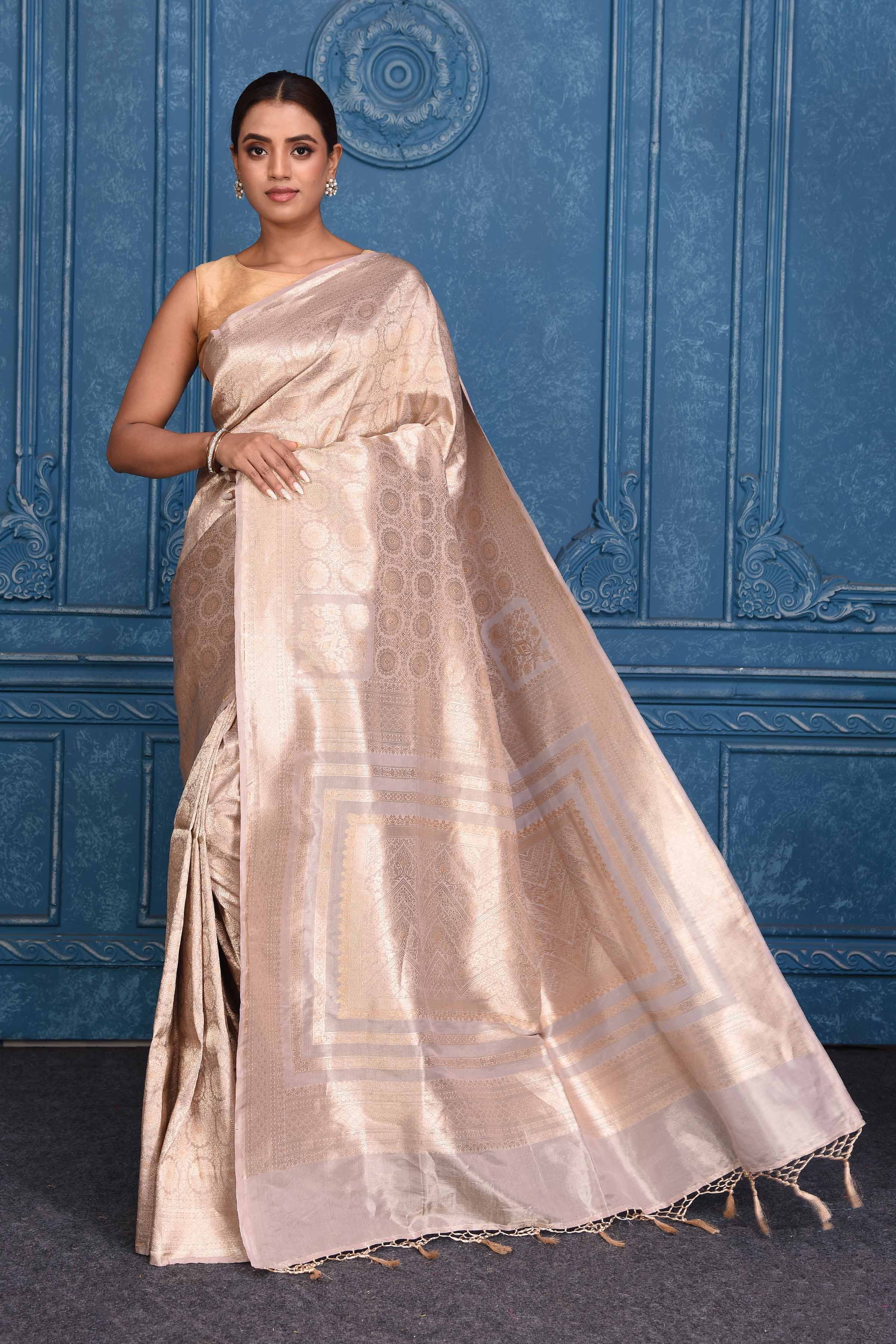 Shop stunning golden zari work Katan silk Banarasi saree online in USA. Look your best on festive occasions in latest designer sarees, pure silk saris, Kanchipuram silk sarees, handwoven sarees, tussar silk sarees, embroidered saris from Pure Elegance Indian clothing store in USA.-full view
