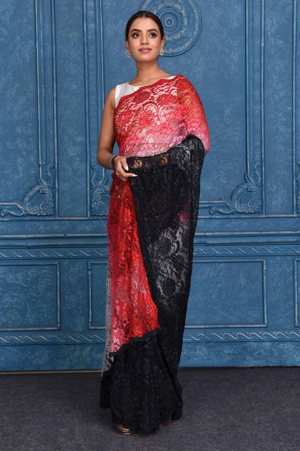 Shop stunning red and black designer lace saree online in USA. Look royal at weddings and festive occasions in exquisite designer sarees, handwoven sarees, pure silk saris, Banarasi sarees, Kanchipuram silk sarees from Pure Elegance Indian saree store in USA. -full view