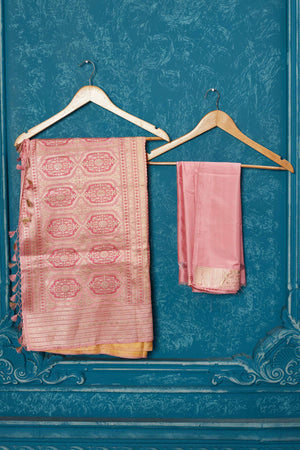 Shop yellow Banarasi saree online in USA with pink zari border. Look your best on festive occasions in latest designer sarees, pure silk saris, Kanchipuram silk sarees, handwoven sarees, tussar silk sarees, embroidered sarees from Pure Elegance Indian saree store in USA.-blouse