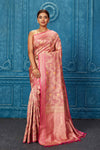 Shop blush pink Banarasi saree online in USA with zari minakari jaal. Look your best on festive occasions in latest designer sarees, pure silk saris, Kanchipuram silk sarees, handwoven sarees, tussar silk sarees, embroidered sarees from Pure Elegance Indian saree store in USA.-full view