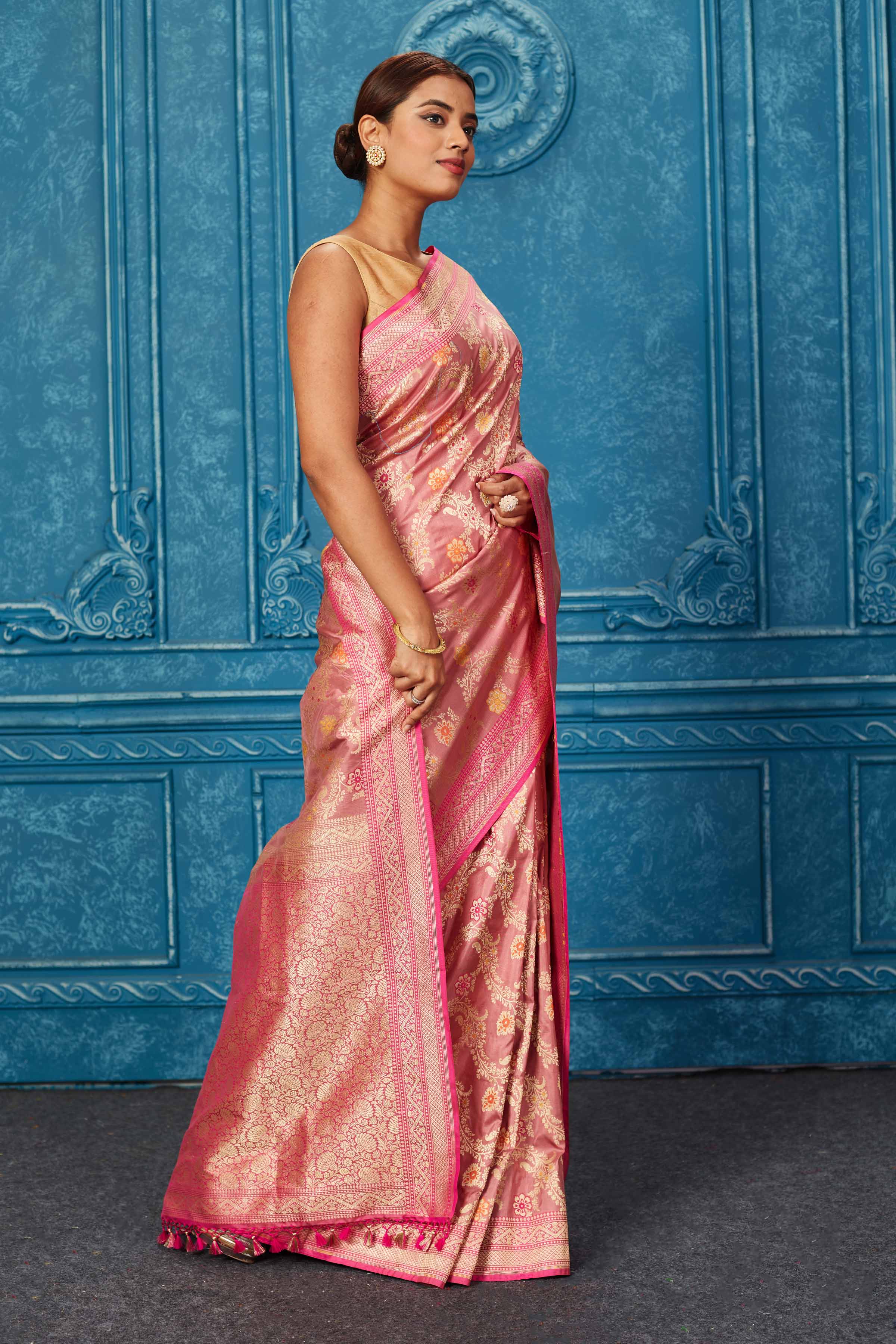 Shop blush pink Banarasi saree online in USA with zari minakari jaal. Look your best on festive occasions in latest designer sarees, pure silk saris, Kanchipuram silk sarees, handwoven sarees, tussar silk sarees, embroidered sarees from Pure Elegance Indian saree store in USA.-side