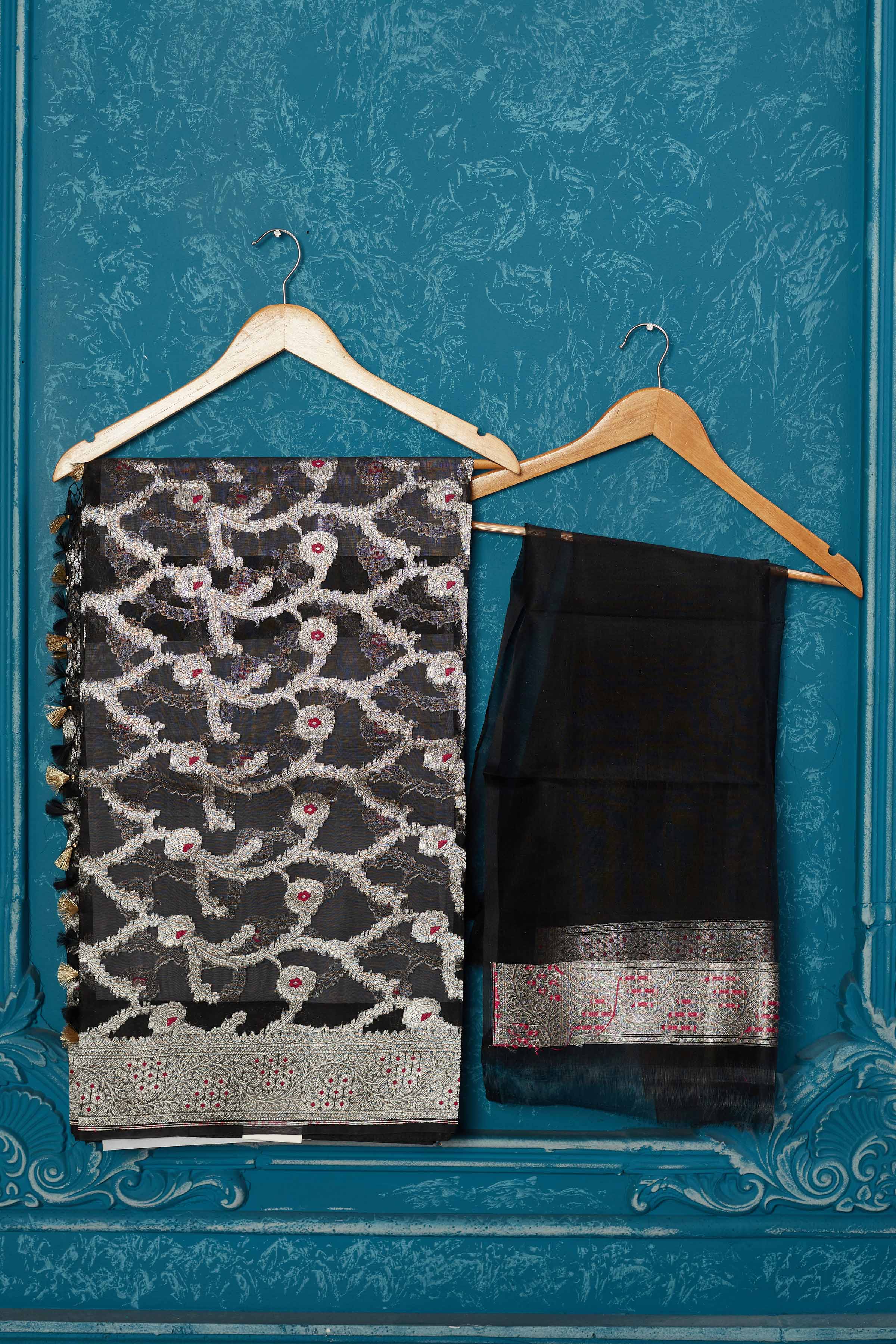 Shop black Banarasi saree online in USA with silver zari minakari work. Look your best on festive occasions in latest designer sarees, pure silk saris, Kanchipuram silk sarees, handwoven sarees, tussar silk sarees, embroidered sarees from Pure Elegance Indian saree store in USA.-blouse