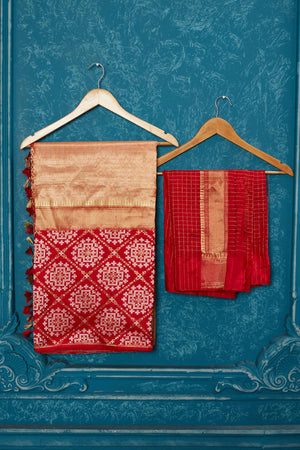 Shop golden Banarasi saree online in USA with red zari border. Look your best on festive occasions in latest designer sarees, pure silk saris, Kanchipuram silk sarees, handwoven sarees, tussar silk sarees, embroidered sarees from Pure Elegance Indian saree store in USA.-blouse