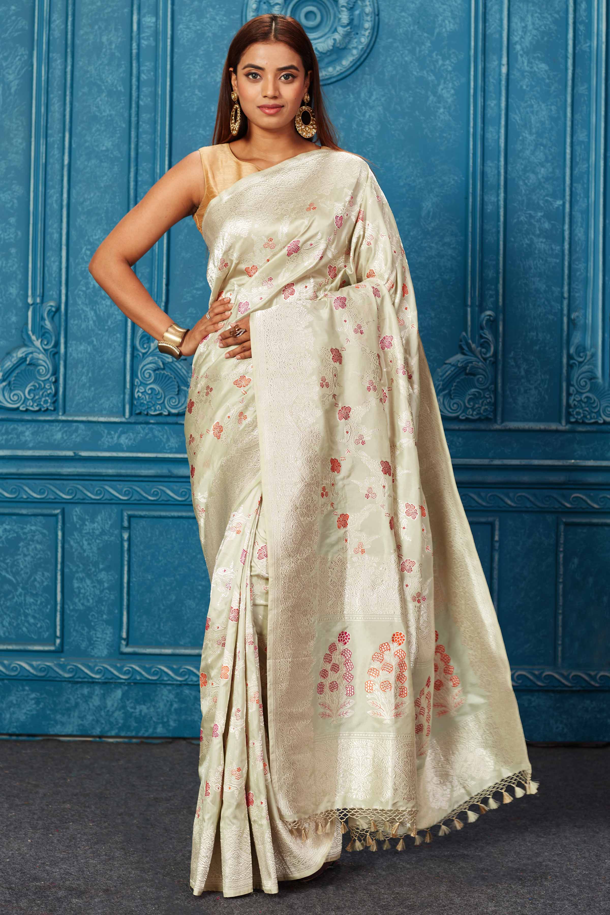 Shop grey silver Banarasi saree online in USA with zari minakari work. Look your best on festive occasions in latest designer sarees, pure silk saris, Kanchipuram silk sarees, handwoven sarees, tussar silk sarees, embroidered sarees from Pure Elegance Indian saree store in USA.-full view