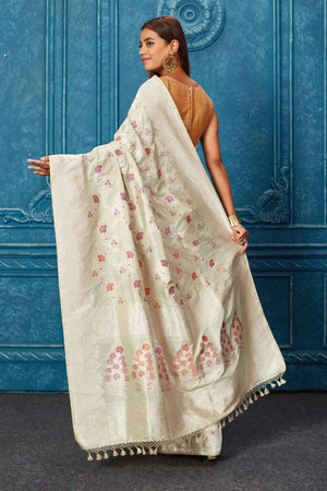 Shop grey silver Banarasi saree online in USA with zari minakari work. Look your best on festive occasions in latest designer sarees, pure silk saris, Kanchipuram silk sarees, handwoven sarees, tussar silk sarees, embroidered sarees from Pure Elegance Indian saree store in USA.-back