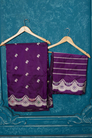 Buy purple Banarasi saree online in USA with silver zari minakari border. Look your best on festive occasions in latest designer sarees, pure silk saris, Kanchipuram silk sarees, handwoven sarees, tussar silk sarees, embroidered sarees from Pure Elegance Indian saree store in USA.-blouse