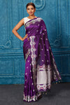 Buy purple Banarasi saree online in USA with silver zari minakari border. Look your best on festive occasions in latest designer sarees, pure silk saris, Kanchipuram silk sarees, handwoven sarees, tussar silk sarees, embroidered sarees from Pure Elegance Indian saree store in USA.-full view