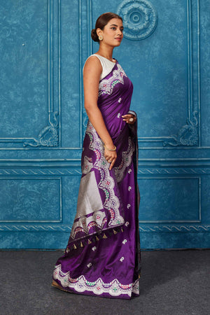 Buy purple Banarasi saree online in USA with silver zari minakari border. Look your best on festive occasions in latest designer sarees, pure silk saris, Kanchipuram silk sarees, handwoven sarees, tussar silk sarees, embroidered sarees from Pure Elegance Indian saree store in USA.-side
