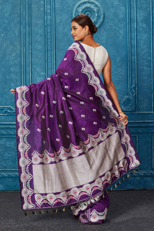 Buy purple Banarasi saree online in USA with silver zari minakari border. Look your best on festive occasions in latest designer sarees, pure silk saris, Kanchipuram silk sarees, handwoven sarees, tussar silk sarees, embroidered sarees from Pure Elegance Indian saree store in USA.-back