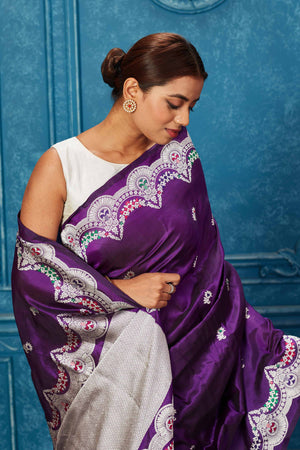Buy purple Banarasi saree online in USA with silver zari minakari border. Look your best on festive occasions in latest designer sarees, pure silk saris, Kanchipuram silk sarees, handwoven sarees, tussar silk sarees, embroidered sarees from Pure Elegance Indian saree store in USA.-closeup