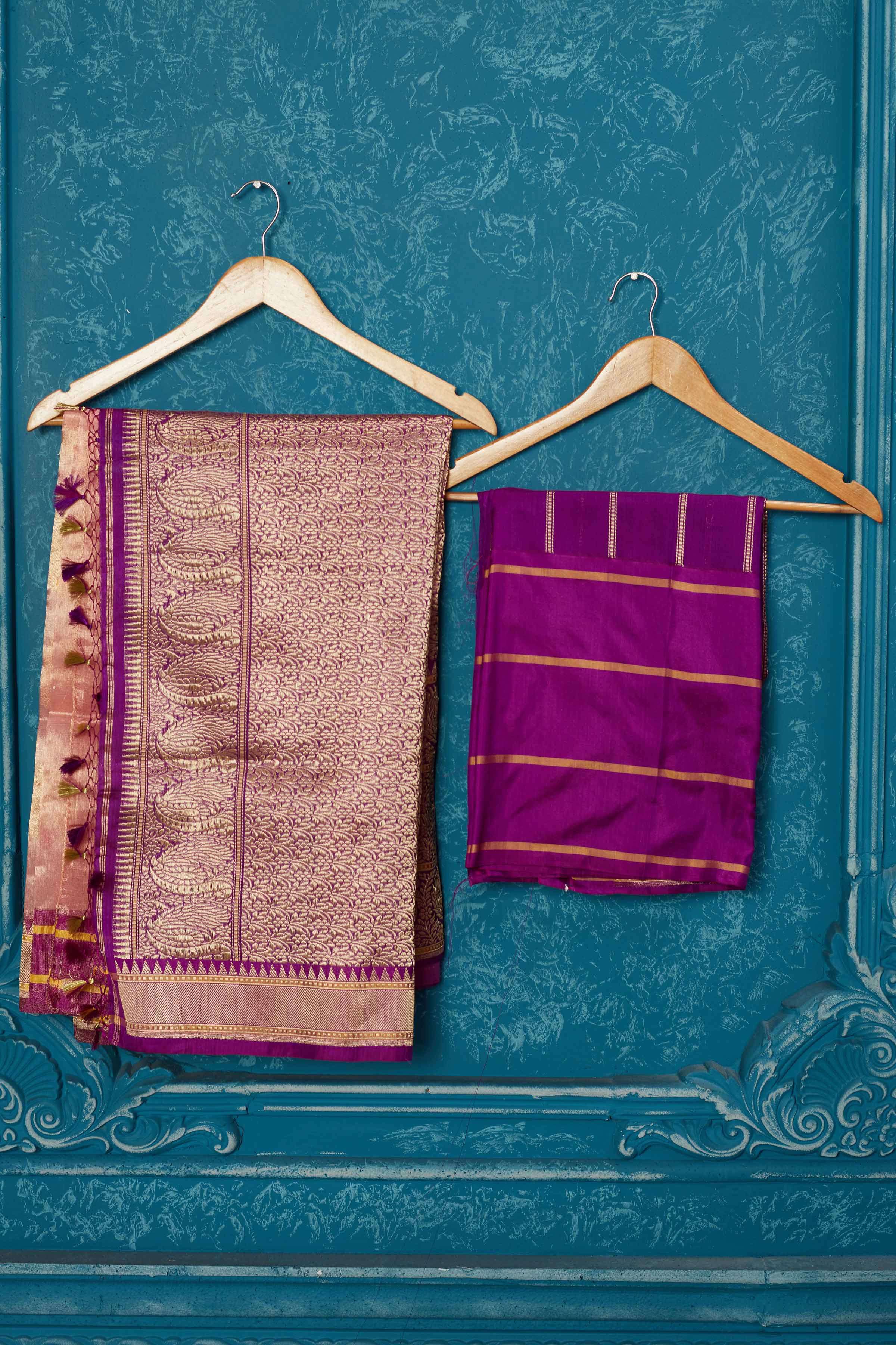 Buy golden pink Banarasi saree online in USA with purple zari border. Look your best on festive occasions in latest designer sarees, pure silk saris, Kanchipuram silk sarees, handwoven sarees, tussar silk sarees, embroidered sarees from Pure Elegance Indian saree store in USA.-blouse