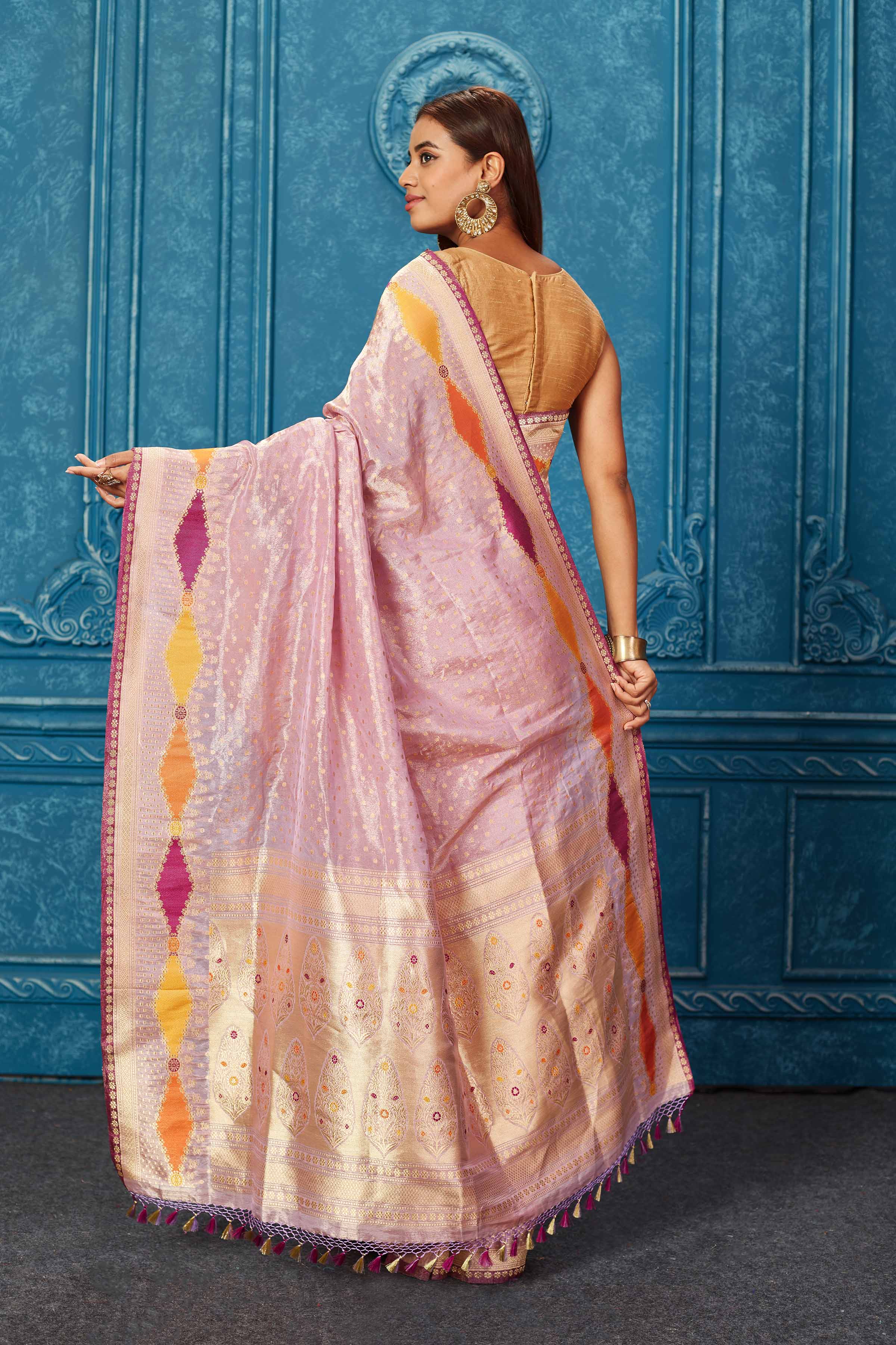 Shop stunning lilac Banarasi saree online in USA with zari border. Look your best on festive occasions in latest designer sarees, pure silk saris, Kanchipuram silk sarees, handwoven sarees, tussar silk sarees, embroidered sarees from Pure Elegance Indian saree store in USA.-back