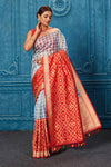 Buy powder blue check Banarasi saree online in USA with red zari border. Look your best on festive occasions in latest designer sarees, pure silk saris, Kanchipuram silk sarees, handwoven sarees, tussar silk sarees, embroidered sarees from Pure Elegance Indian saree store in USA.-full view