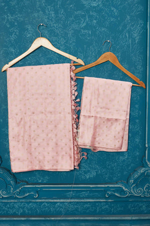 Shop beautiful powder pink Banarasi silk sari online in USA with overall buta. Keep your ethnic wardrobe up to date with latest designer sarees, pure silk sarees, Kanchipuram silk sarees, handwoven sarees, tussar silk sarees, embroidered sarees from Pure Elegance Indian saree store in USA.-blouse