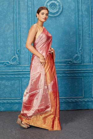 Shop pink and red tissue zari Banarasi sari online in USA. Keep your ethnic wardrobe up to date with latest designer sarees, pure silk sarees, Kanchipuram silk sarees, handwoven sarees, tussar silk sarees, embroidered sarees from Pure Elegance Indian saree store in USA.-side