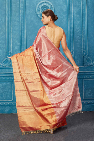 Shop pink and red tissue zari Banarasi sari online in USA. Keep your ethnic wardrobe up to date with latest designer sarees, pure silk sarees, Kanchipuram silk sarees, handwoven sarees, tussar silk sarees, embroidered sarees from Pure Elegance Indian saree store in USA.-back
