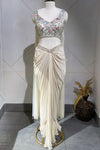 Shop a beautiful off-white fusion saree featuring embroidery and peal work. Make a fashion statement on festive occasions and weddings with designer sarees, designer suits, Indian dresses, Anarkali suits, palazzo suits, designer gowns, sharara suits, and embroidered sarees from Pure Elegance Indian fashion store in the USA.