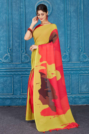 Shop beautiful olive green and red abstract print crushed georgette saree online in USA. Look your best on festive occasions in latest designer sarees, pure silk saris, Kanchipuram silk sarees, handwoven sarees, tussar silk sarees, embroidered saris from Pure Elegance Indian clothing store in USA.-pallu