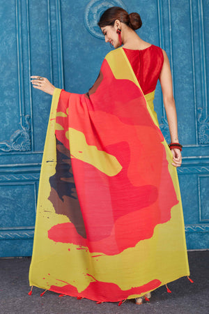 Shop beautiful olive green and red abstract print crushed georgette saree online in USA. Look your best on festive occasions in latest designer sarees, pure silk saris, Kanchipuram silk sarees, handwoven sarees, tussar silk sarees, embroidered saris from Pure Elegance Indian clothing store in USA.-back