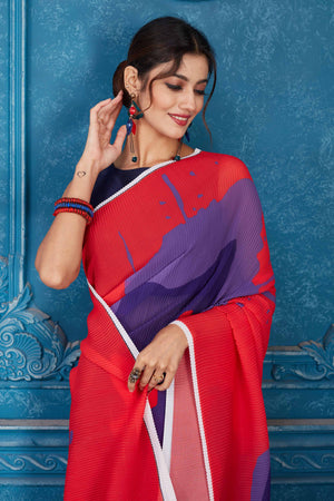 Shop beautiful red and purple abstract print crushed georgette sari online in USA. Look your best on festive occasions in latest designer sarees, pure silk saris, Kanchipuram silk sarees, handwoven sarees, tussar silk sarees, embroidered saris from Pure Elegance Indian clothing store in USA.-closeup