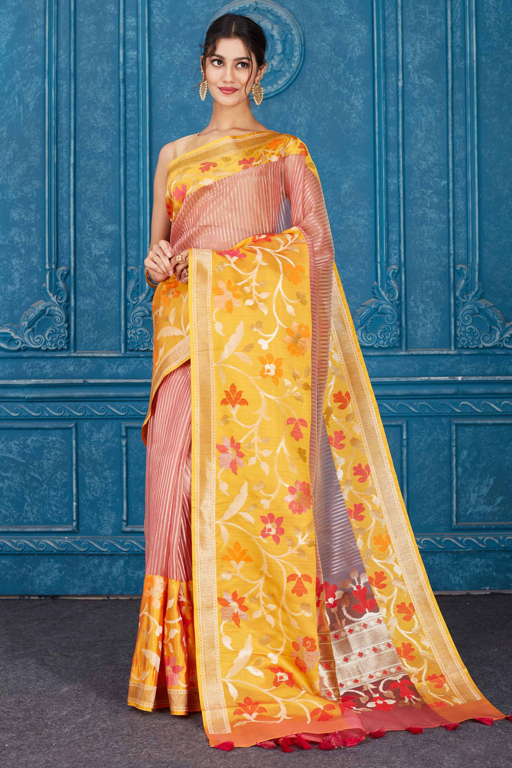 Buy pink Kora Banarasi sari online in USA with yellow floral border. Look your best on festive occasions in latest designer sarees, pure silk saris, Kanchipuram silk sarees, handwoven sarees, tussar silk sarees, embroidered saris from Pure Elegance Indian clothing store in USA.-full view