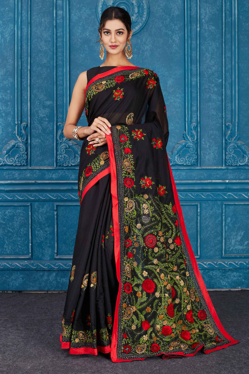 Shop stunning black Phulkari work Kota sari online in USA. Look your best on festive occasions in latest designer sarees, pure silk saris, Kanchipuram silk sarees, handwoven sarees, tussar silk sarees, embroidered saris from Pure Elegance Indian clothing store in USA.-full view