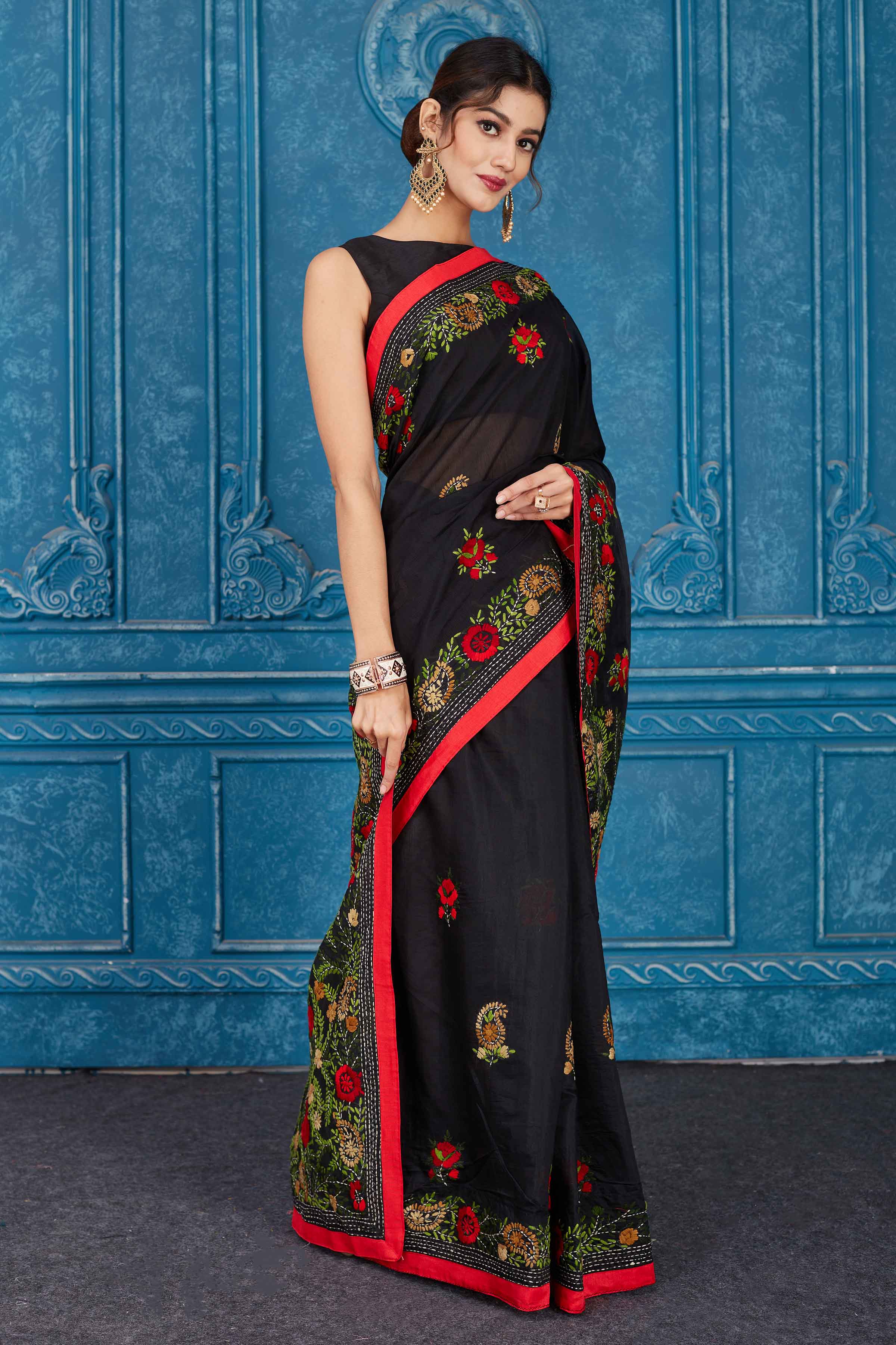 Shop stunning black Phulkari work Kota sari online in USA. Look your best on festive occasions in latest designer sarees, pure silk saris, Kanchipuram silk sarees, handwoven sarees, tussar silk sarees, embroidered saris from Pure Elegance Indian clothing store in USA.-side