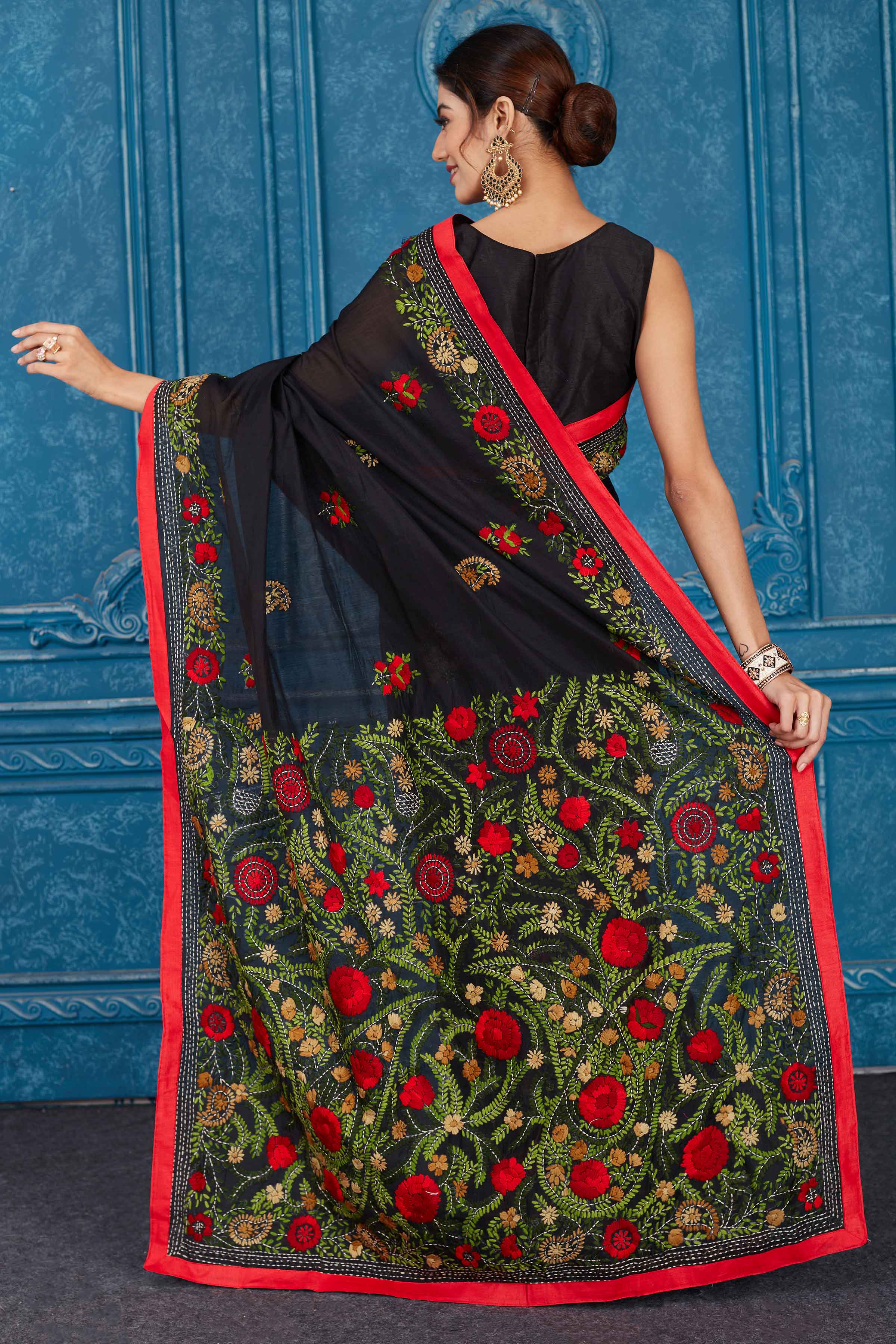 Shop stunning black Phulkari work Kota sari online in USA. Look your best on festive occasions in latest designer sarees, pure silk saris, Kanchipuram silk sarees, handwoven sarees, tussar silk sarees, embroidered saris from Pure Elegance Indian clothing store in USA.-back