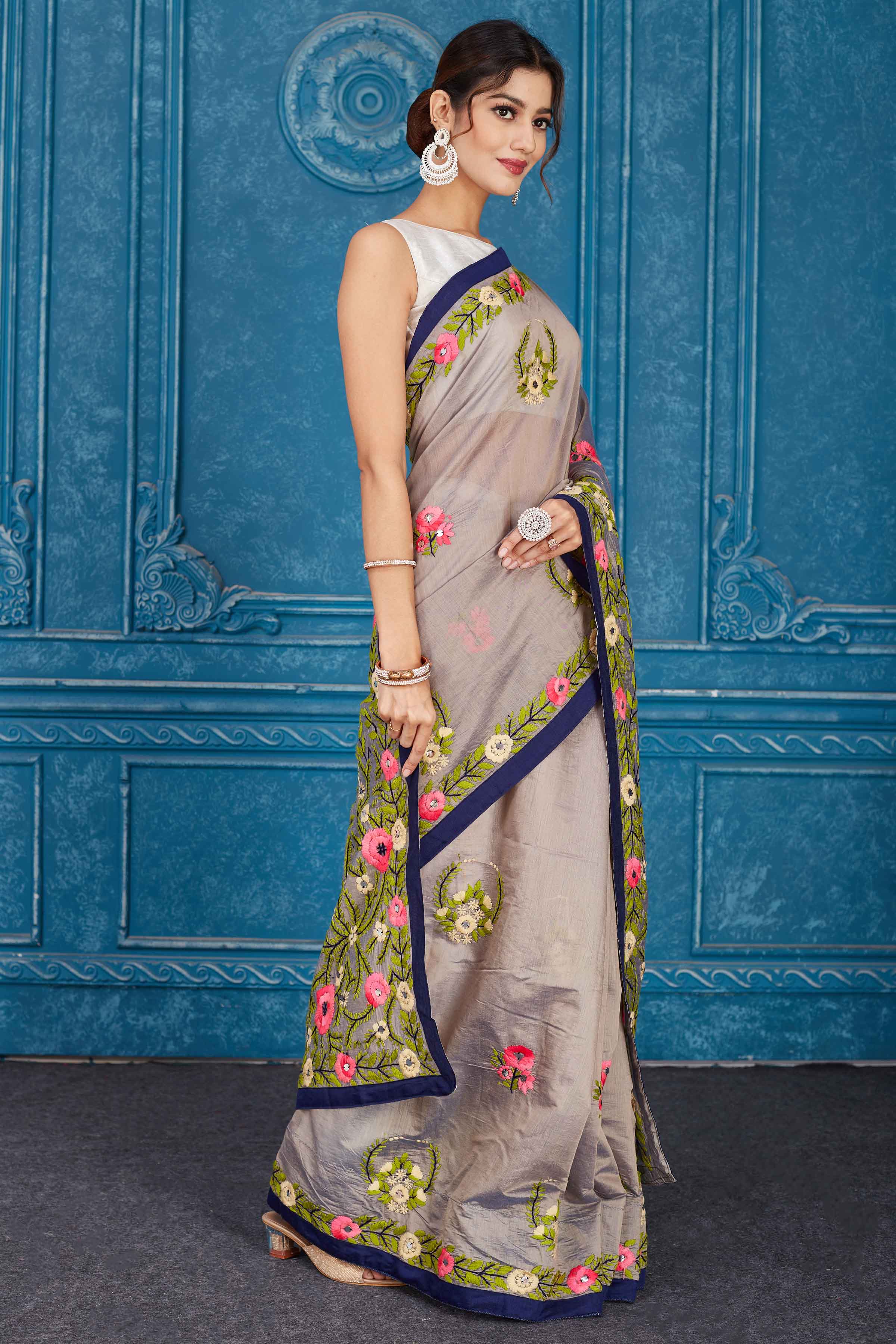 Shop stunning grey Phulkari work Kota saree online in USA. Look your best on festive occasions in latest designer sarees, pure silk saris, Kanchipuram silk sarees, handwoven sarees, tussar silk sarees, embroidered saris from Pure Elegance Indian clothing store in USA.-side