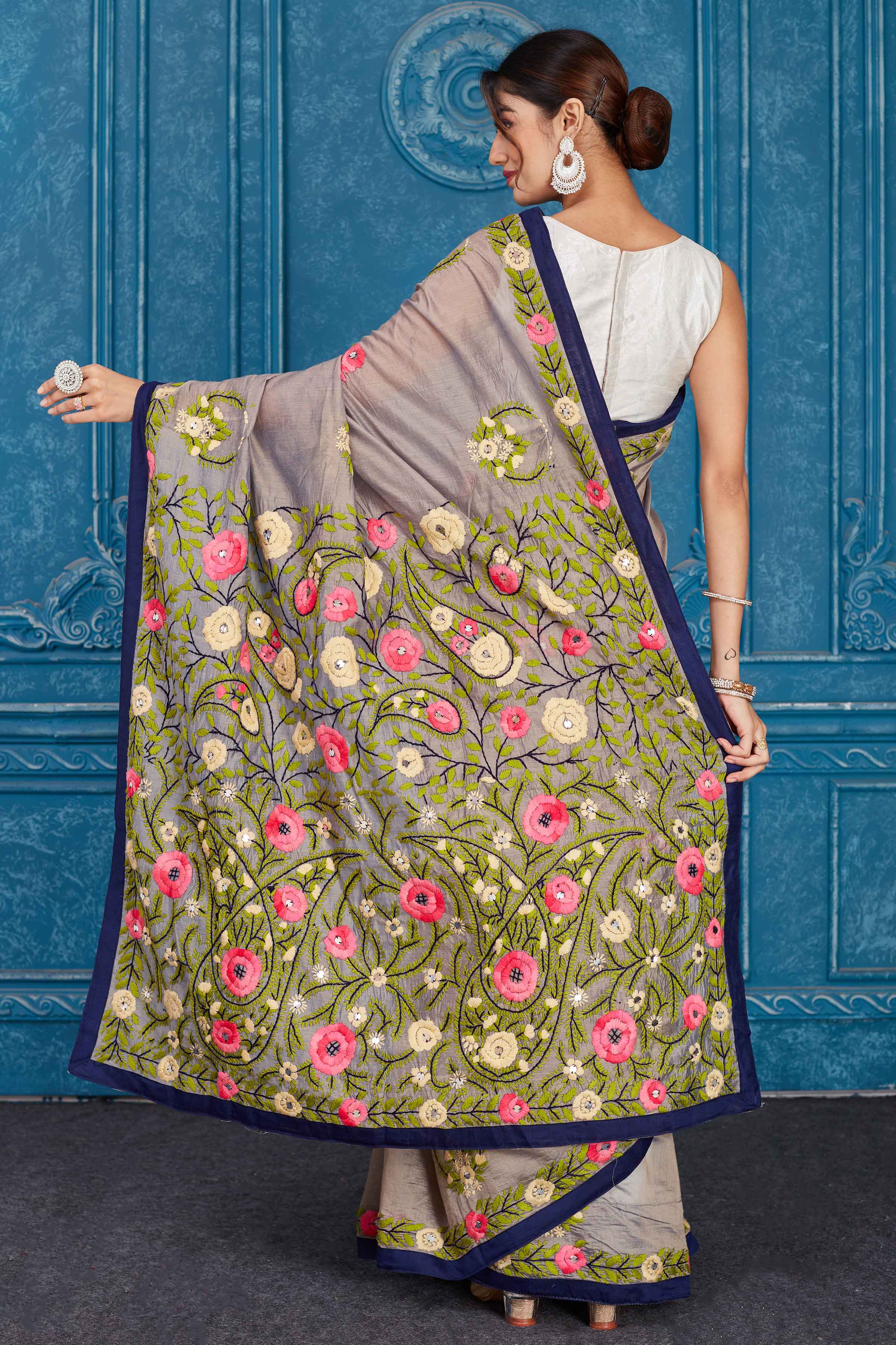 Shop stunning grey Phulkari work Kota saree online in USA. Look your best on festive occasions in latest designer sarees, pure silk saris, Kanchipuram silk sarees, handwoven sarees, tussar silk sarees, embroidered saris from Pure Elegance Indian clothing store in USA.-back