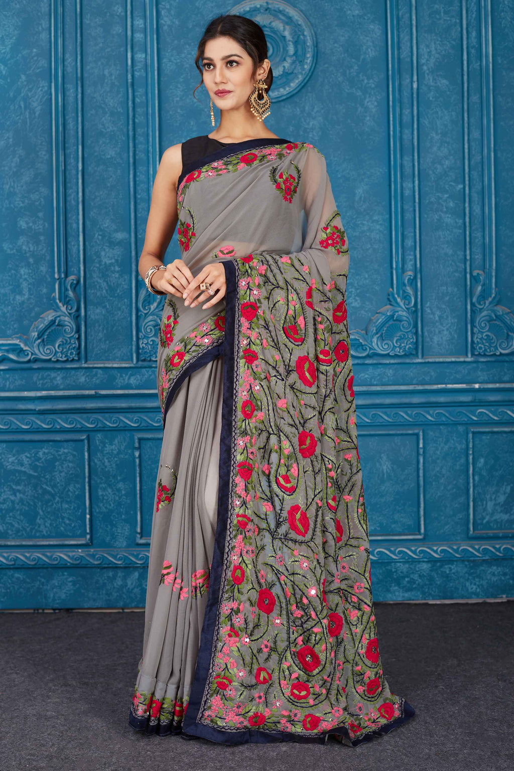 Shop dark grey Phulkari embroidery Kota saree online in USA. Look your best on festive occasions in latest designer sarees, pure silk saris, Kanchipuram silk sarees, handwoven sarees, tussar silk sarees, embroidered saris from Pure Elegance Indian clothing store in USA.-full view