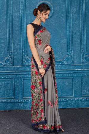 Shop dark grey Phulkari embroidery Kota saree online in USA. Look your best on festive occasions in latest designer sarees, pure silk saris, Kanchipuram silk sarees, handwoven sarees, tussar silk sarees, embroidered saris from Pure Elegance Indian clothing store in USA.-side